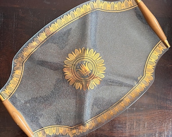 Vintage Georges Briard clear glass serving tray with Mid Century wood handles appetizer platter