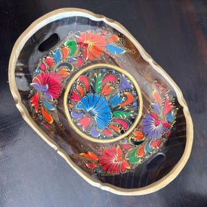 Vintage Hand-Painted Batea Bowl: Mexican Folk Art Floral Tole Painting