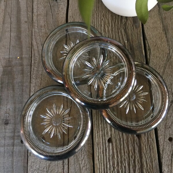 Retro set of four, Leonard, silverplate and glass coasters retro bar drink coasters mid century modern trinket tray dish ring holders