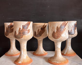 Vintage set of 5 handmade signed ceramic stoneware wine glasses/goblets