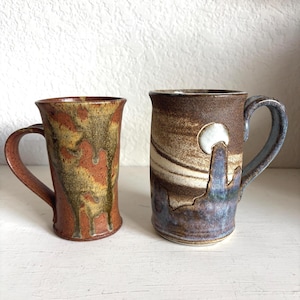 Set of two vintage handmade ceramic mugs Arne Desert scene morning coffee or tea hand thrown pottery abstract brown  blue large ceramic cups