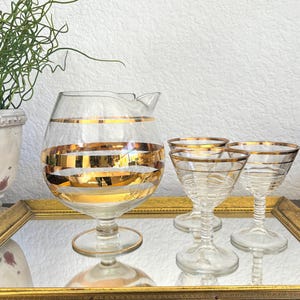 Vintage Gold Rim Barware Set: Mid-Century Cocktail Pitcher & Glasses