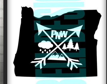 May include: Black and white silhouette of the state of Oregon with a white arrow design in the center. The arrows are crossed and have a mountain, a pine tree, a cloud with rain, and the text "PNW" in the center.