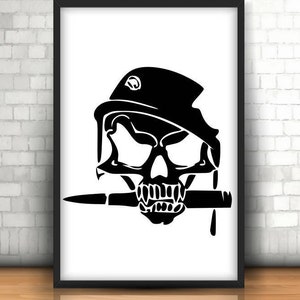 May include: Black and white silhouette of a skull wearing a military beret with a knife in its mouth. The skull has a menacing expression.