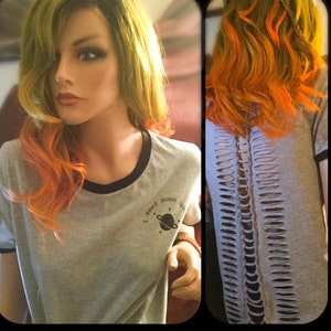 Ladies outer space cut up tshirt funny screen tee slashed shredded weaved top open back grey