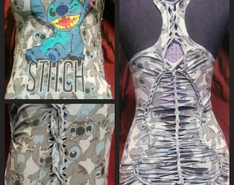 Cut up tank top tshirt graphic tee Lilo /& Stitch slashed and weaved braided shredded top racerback sleeveless