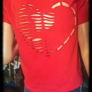 Red cut up tshirt dog profile animal cut out slashed shredded tee short sleeve long eared dog shirt top