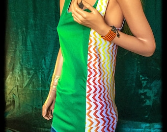 Vintage handmade slip dress Brazil patchwork mini tank top sleeveless Neon colorful green Jamaican rasta beater dress festival music