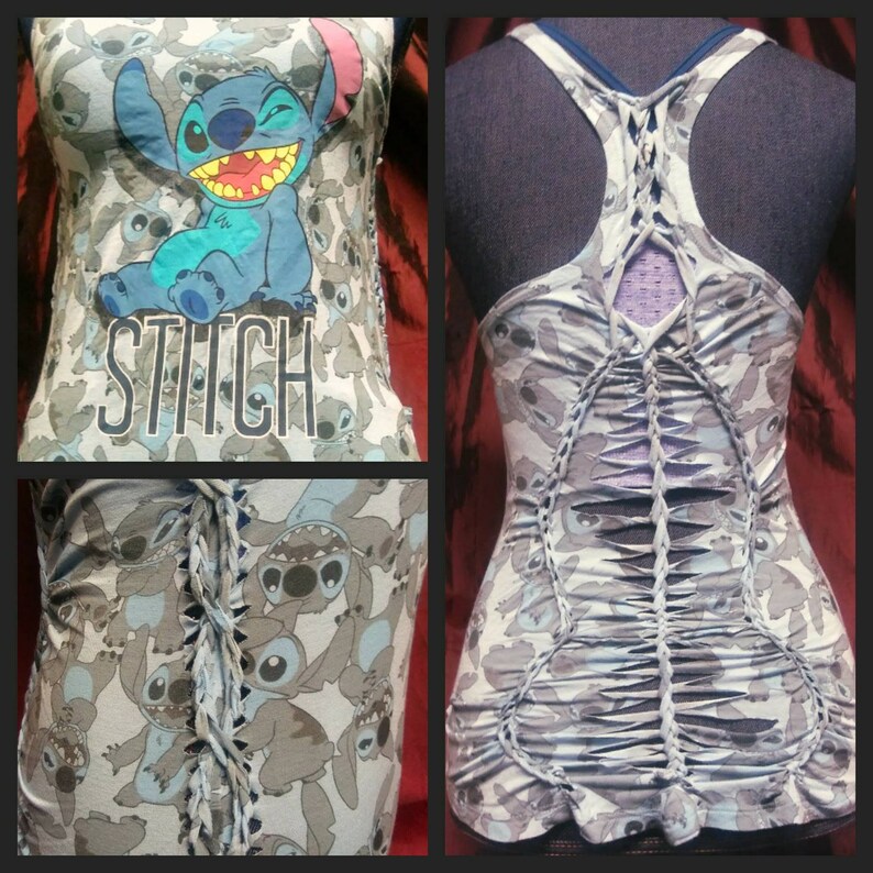 Cut up tank top tshirt graphic tee Lilo /& Stitch slashed and weaved braided shredded top racerback sleeveless