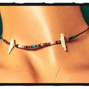 Vintage beaded choker necklace with cream colored birds turquoise blue brown white jewelry 60s hippie chain
