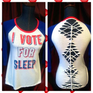 Cut up tshirt shredded baseball tee slashed weaved patriotic raglan sleeve deconstructed refashioned upcycled top political pjs