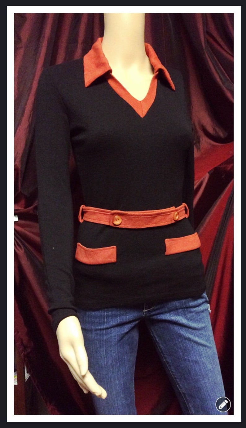 Authentic Vintage mod 60s 70s hippie long sleeve belted fall blouse ladies top shirt retro disco black burnt orange with belt