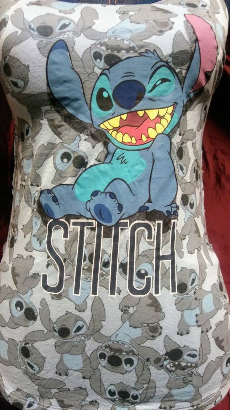 Cut up tank top tshirt graphic tee Lilo /& Stitch slashed and weaved braided shredded top racerback sleeveless