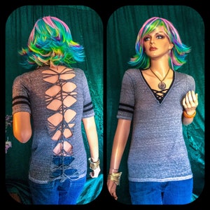 Cut up ringer tshirt slashed shredded weaved braided grey gray baseball tee lace up corset front v-neck short sleeve top