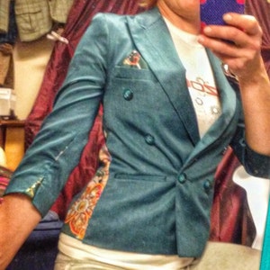 LAST_CHANCE_SALE! Upcycled cropped jacket teal blue blazer short 3/4 sleeve funky asian flare accents unique coat reworked embelished