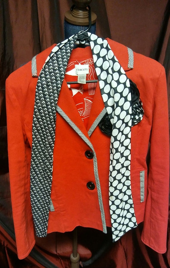 Refashioned Upcycled Red Unique Embellished Chicos Blazer