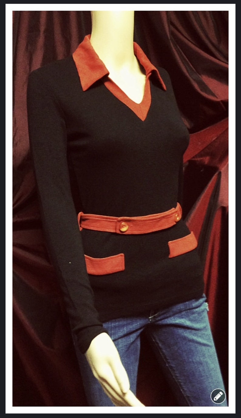 Authentic Vintage mod 60s 70s hippie long sleeve belted fall blouse ladies top shirt retro disco black burnt orange with belt