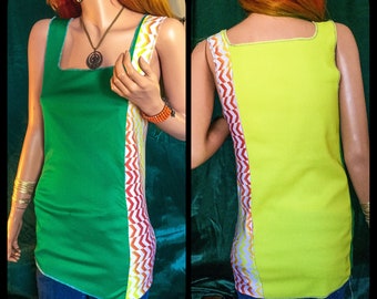 Vintage handmade dress Brazil patchwork mini dress ooak tank top sleeveless Neon colorful green Jamaican rasta beater dress festival music