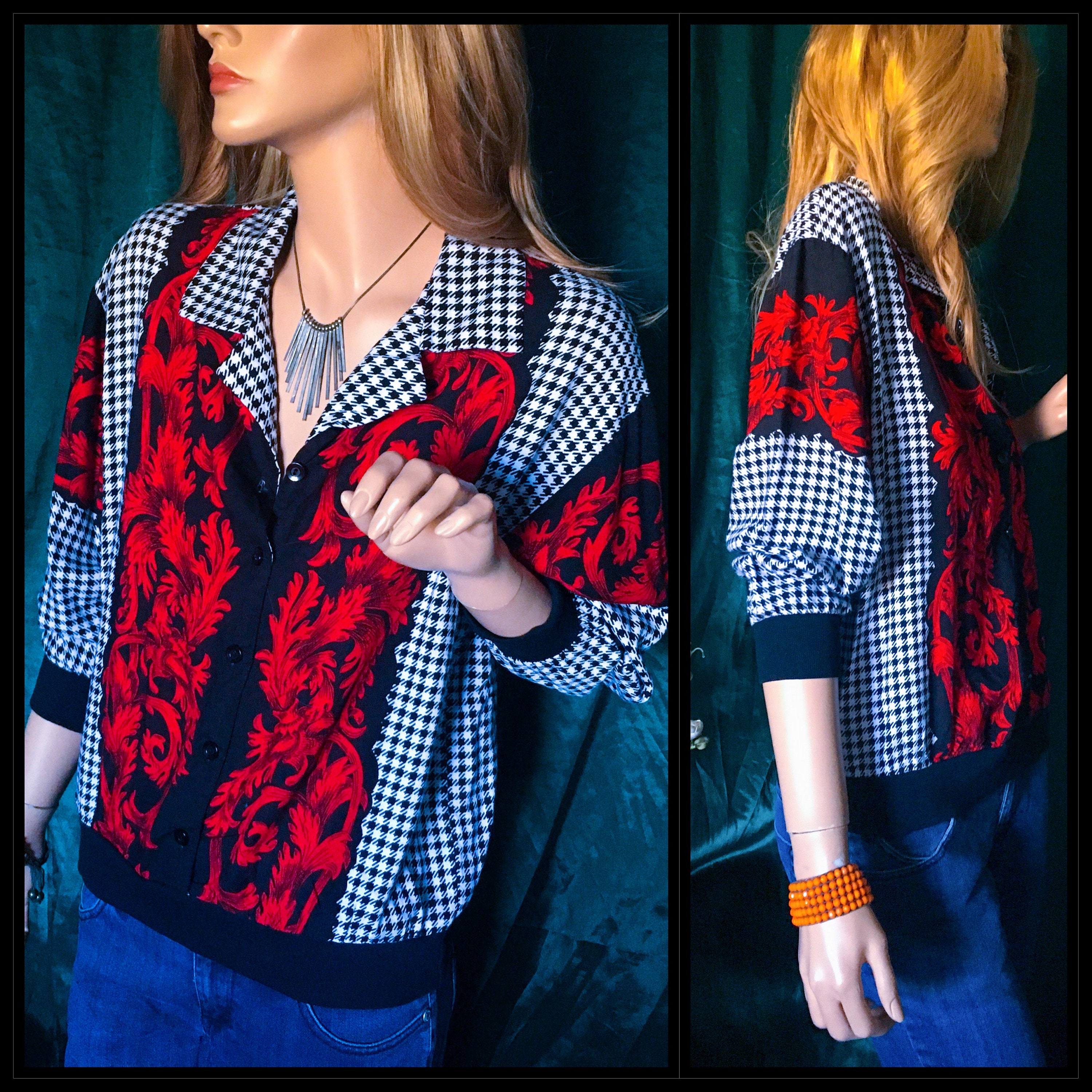 Vintage 80s Blouse Top Baggy Retro 3/4 