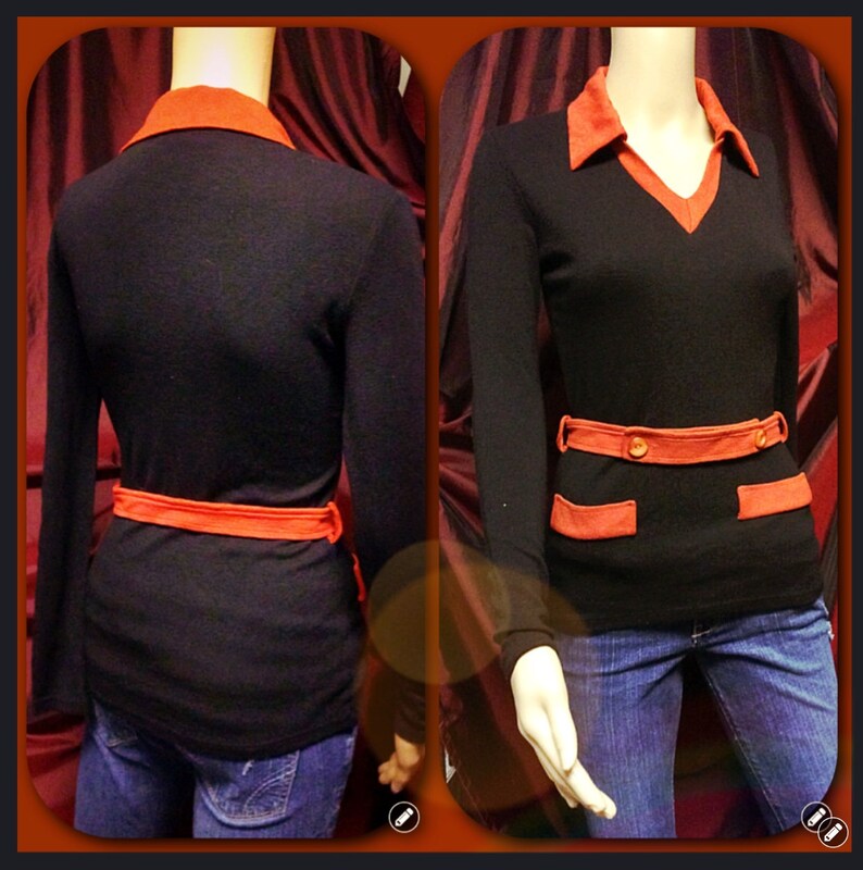 Authentic Vintage mod 60s 70s hippie long sleeve belted fall blouse ladies top shirt retro disco black burnt orange with belt