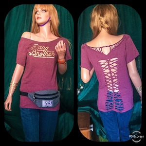 Maroon red heather off the shoulder short sleeve cut up tshirt backless shredded reworked upcycled refashioned slashed weaved braided funny
