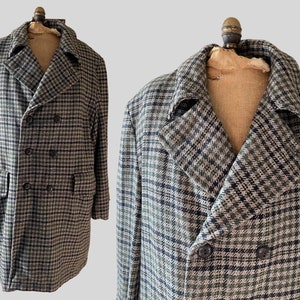 1970s vintage plaid wool long mens peacoat / tweed jacket trench collar blazer 70s / large XL