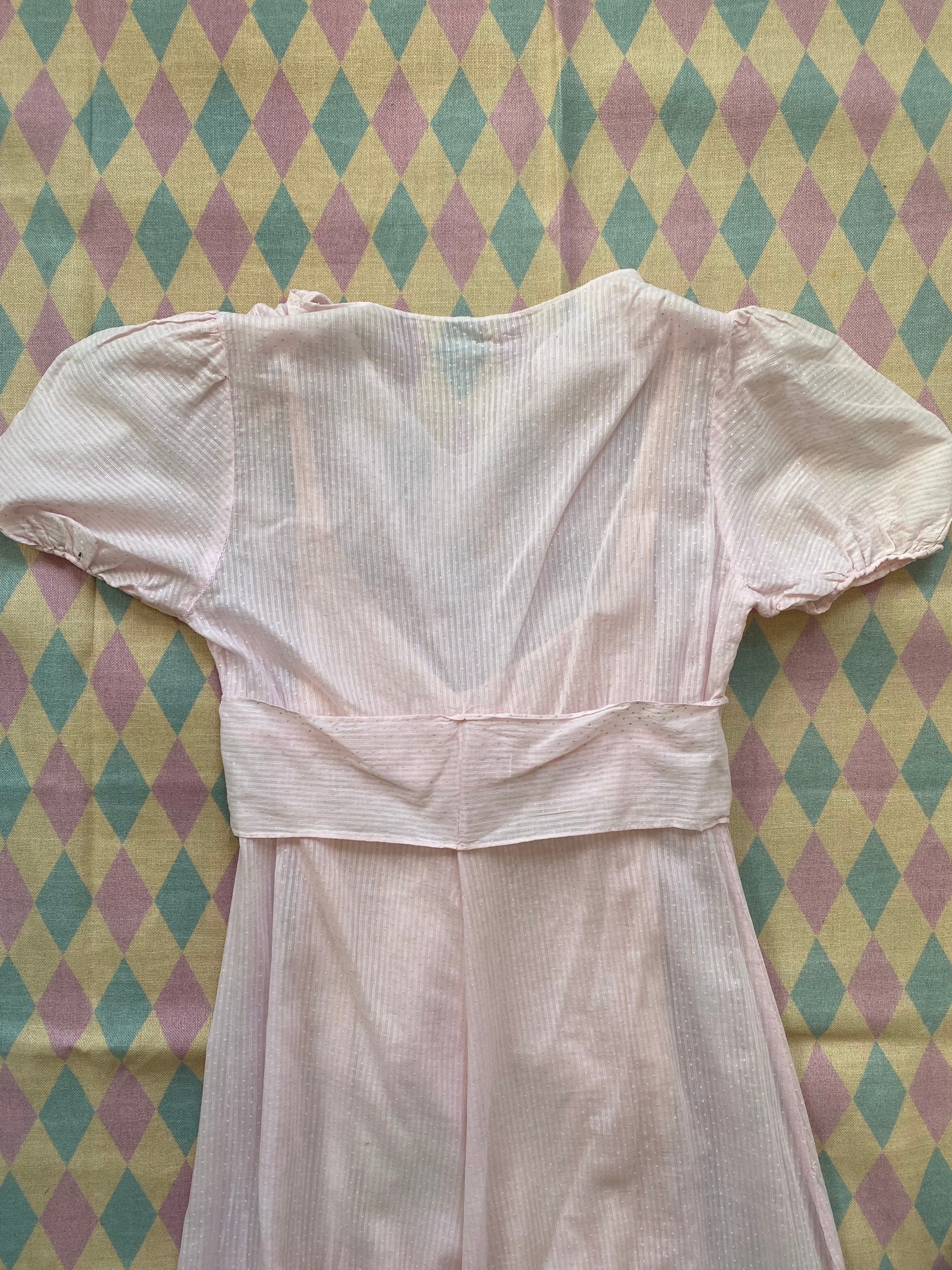 1930s Handmade Swiss Dot Striped Pink Short Puff Sleeve Maxi Dress ...