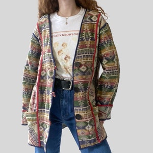 Vintage bunte Azteken Himalaya Jacke / Mantel Fesseln Teppich Gobelin Regenbogen Retro 90er Jahre / Damen mittelgroß