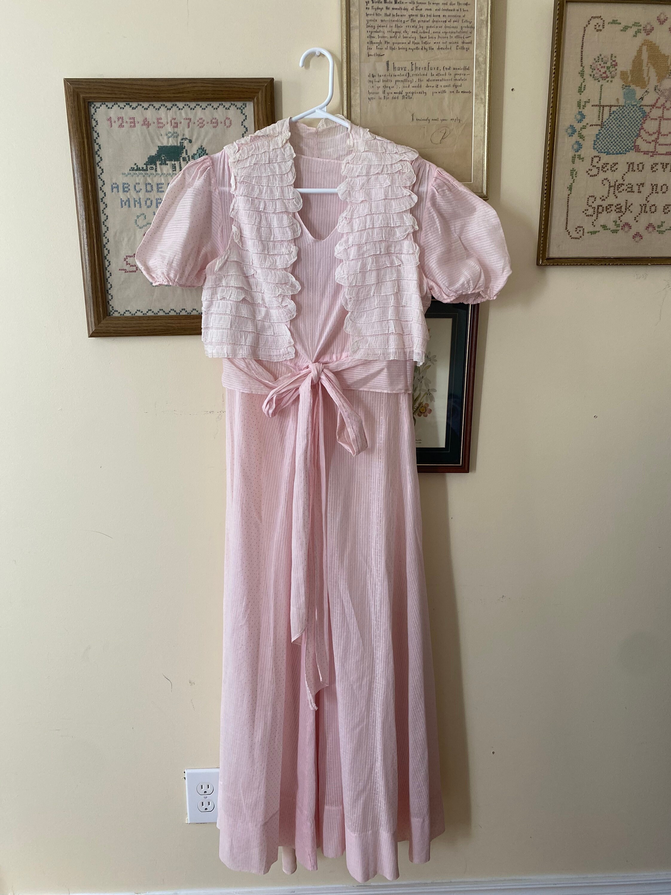 1930s Handmade Swiss Dot Striped Pink Short Puff Sleeve Maxi Dress ...