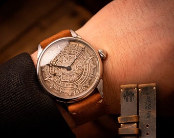 Vintage watch, Aztec calendar watch, watch Men&#39;s, watch with a coin, Vintage unisex watch
