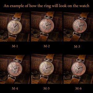 May include: Six different watch faces with a silver ring design. The watch faces are all the same, but the rings are different colors. The rings are gold, silver, copper, and a combination of gold and copper.