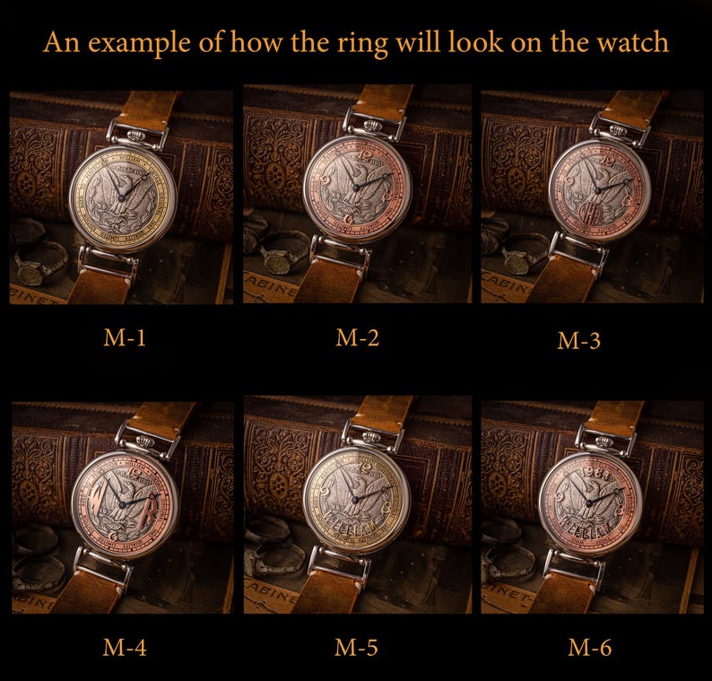 May include: Six different watch faces with a silver ring design. The watch faces are all the same, but the rings are different colors. The rings are gold, silver, copper, and a combination of gold and copper.