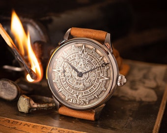 Marriage watch, vintage watch, Aztec calendar watch, Men&#39;s watch, watch with a coin, antique coin watch