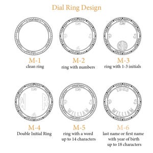 May include: Six different dial ring designs for a watch. The designs include a clean ring, a ring with numbers, a ring with initials, a ring with double initials, a ring with a word, and a ring with a last name or first name and a year of birth.