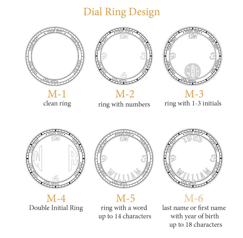 May include: Six different dial ring designs for a watch. The designs include a clean ring, a ring with numbers, a ring with initials, a ring with double initials, a ring with a word, and a ring with a last name or first name and a year of birth.
