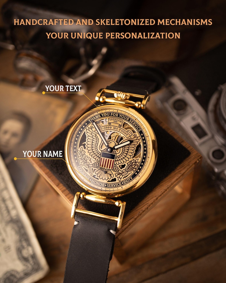 Personalized Mechanical Skeleton Watch – Handmade Dial with Cold Enamel, Crafted for Patriots Who Value Precision image 1