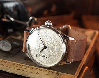 Mens watch, handmade watch, exclusive watch, vintage watch, watch coin, watch with dragon