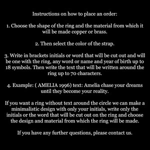 May include: Instructions on a black background detail how to order a ring. The text covers choosing the ring's shape and material, selecting the strap colour, and specifying text for the ring, including an example.