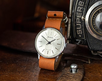 Vintage men's watch "ROCKET" (Raketa) runway dial. mechanical Soviet wristwatch, leather band