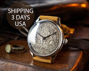 Vintage watch, masonic watch, mechanical watches, large vintage watch, watch with a coin, antique coin watch