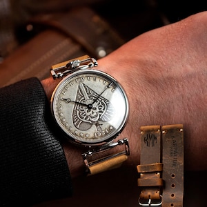 Personalized Anniversary  watch, Custom Gift Watch For Him, Steampunk watch, hobo coin watch, mens wrist watch, peak sign with skull