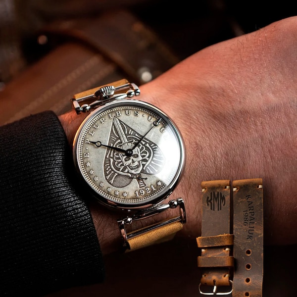 Personalized Anniversary  watch, Custom Gift Watch For Him, Steampunk watch, hobo coin watch, mens wrist watch, peak sign with skull