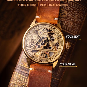 Personalized Masonic Watch Handmade Skeleton Timepiece with Cold Enamel Dial Unique Gift for Men Symbolic Brass Watch with Engraved Details