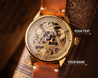 Personalized Masonic Watch Handmade Skeleton Timepiece with Cold Enamel Dial Unique Gift for Men Symbolic Brass Watch with Engraved Details