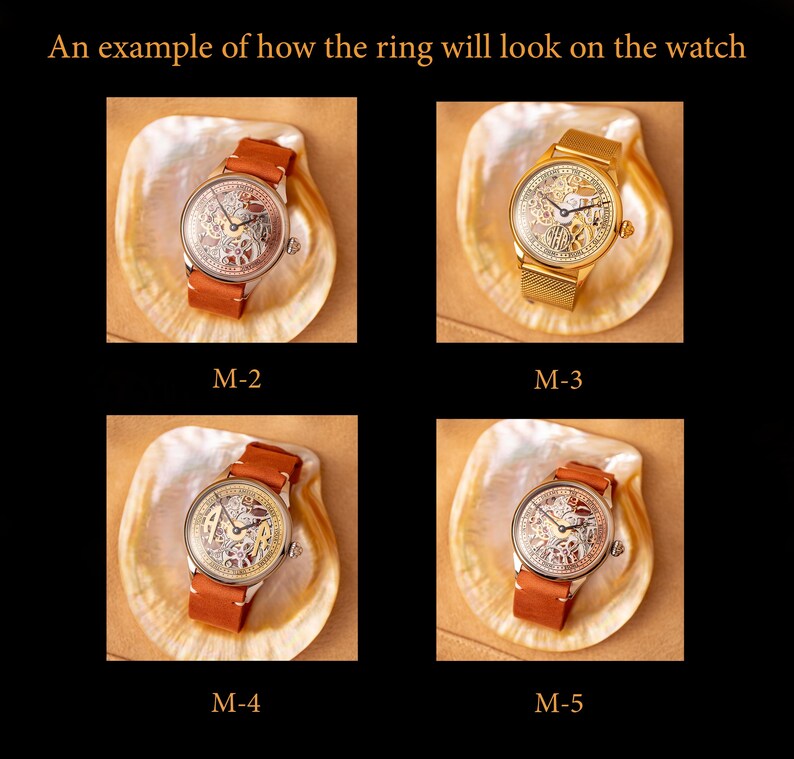 K&ouml;nnte beinhalten: Vier verschiedene Uhrenmodelle mit skelettierten Zifferbl&auml;ttern und verschiedenen Armb&auml;ndern. Die Uhren werden auf einer wei&szlig;en, perlmuttartigen Oberfl&auml;che pr&auml;sentiert. Der Text "M-2", "M-3", "M-4" und "M-5" wird unter jeder Uhr angezeigt.