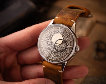 Vintage watch, Aztec calendar watch, watch Men's Copernicus arrows, watch with a coin, Vintage accessories, ultra rare watch, custom watch
