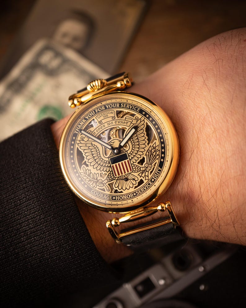 Personalized Mechanical Skeleton Watch – Handmade Dial with Cold Enamel, Crafted for Patriots Who Value Precision image 3