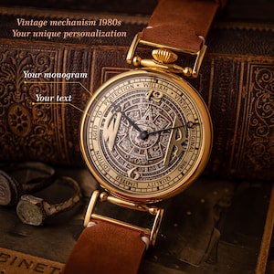 Personalized watches, Vintage watch, Aztec calendar watch, golden Anniversary Gift for Him, custom watch for man