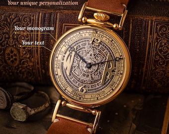 Relojes personalizados, reloj vintage, reloj con calendario azteca, regalo de aniversario dorado para él, reloj personalizado para hombre