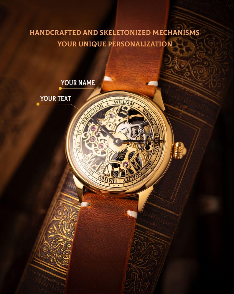 Skeletonhorloge, gepersonaliseerde wijzerplaat met naam, gepersonaliseerd horloge met naam, mechanisch skelethorloge, handgemaakt horloge, mechanisch horloge afbeelding 1